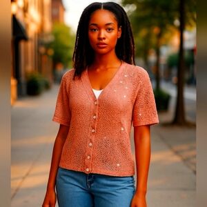 Cynthia Taylor Orange Open Weave Knit Short Sleeve Sweater Shrug Sparkles MED